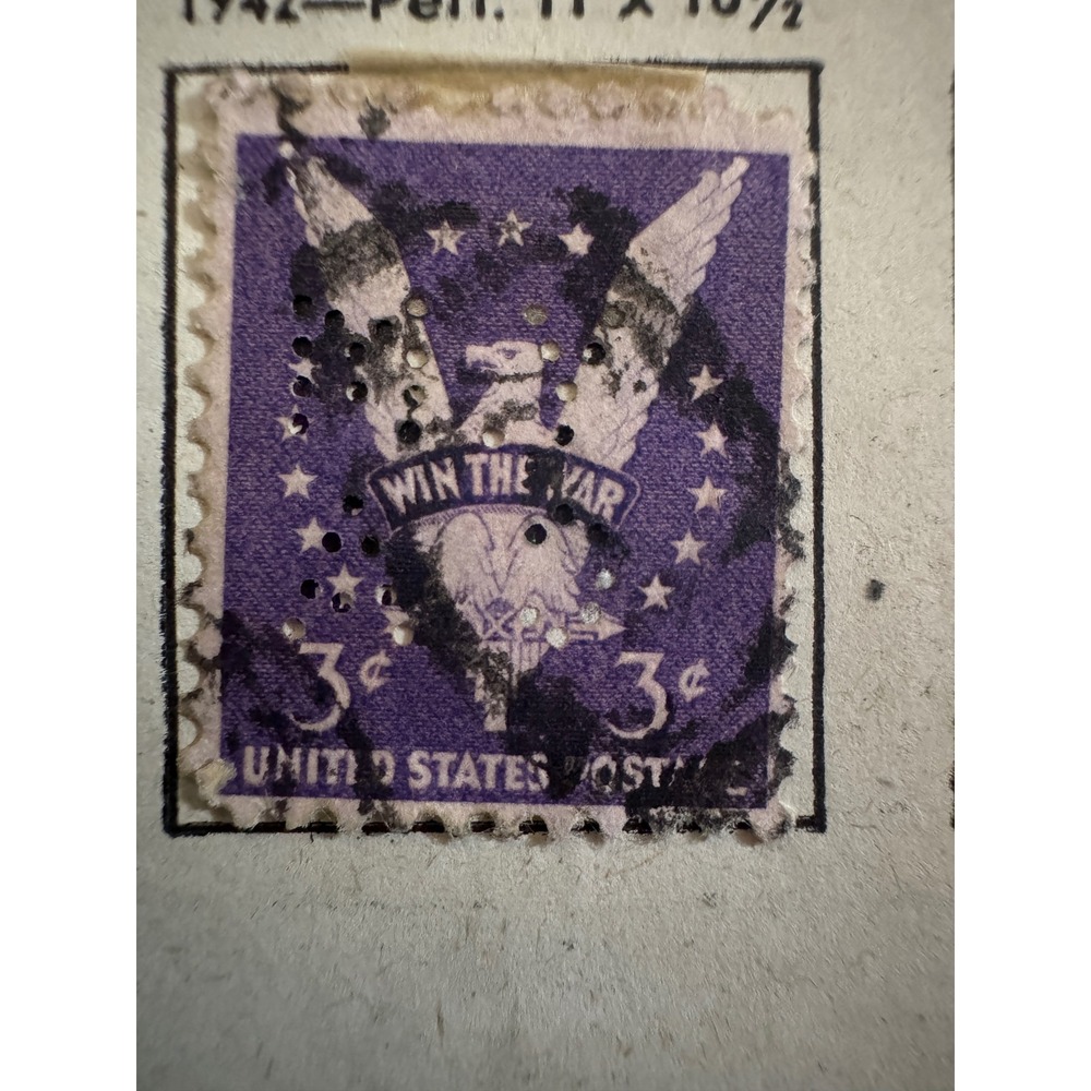 1942 US 3c Win The War Stamp Scott 905 Purple Eagle Perfin Used WWII Philately